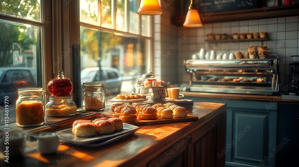 Sunlit Bakery Counter Displays Delicious Pastries and Coffee