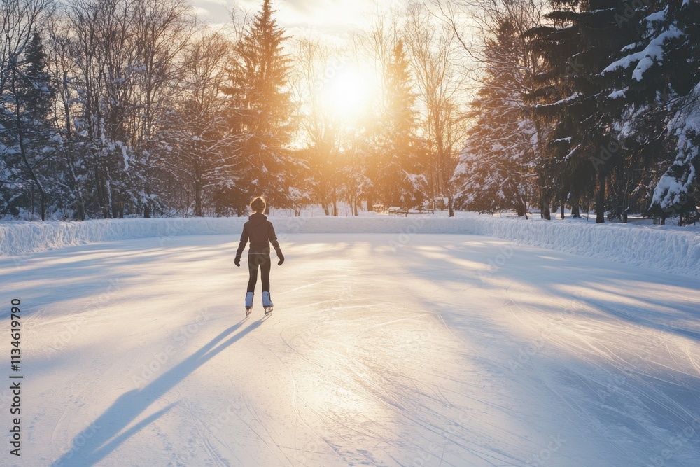 Young figure skater practicing alone on snowy rink, serene beauty Young figure skater practicing alone on snowy rink, serene beauty