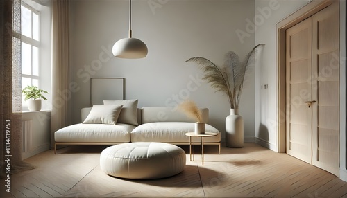 Serene and minimalist living room with white sofa, ottoman, and natural accents.