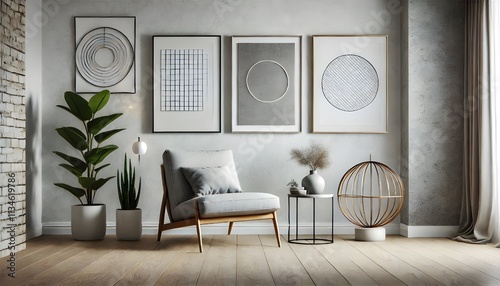 Minimalist Living: Neutral Tones and Geometric Gallery Wall.