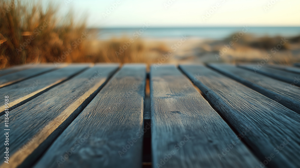 Wooden planks in the foreground with a soft blur of the beach and ocean in the background Wooden planks in the foreground with a soft blur of the beach and ocean in the background