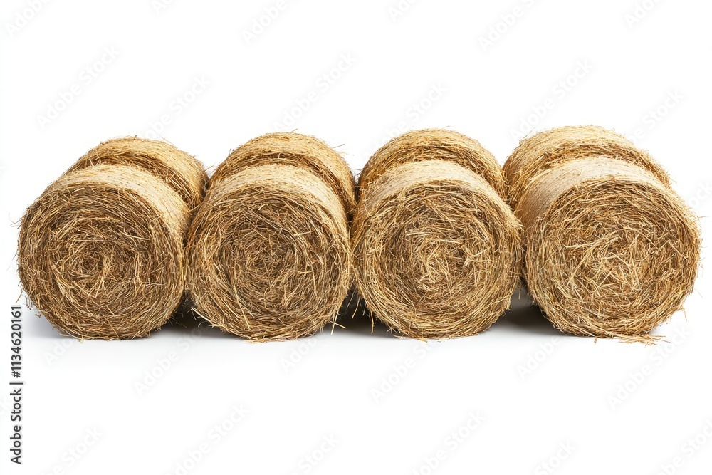 Four round hay bales creating a row on white background Four round hay bales creating a row on white background