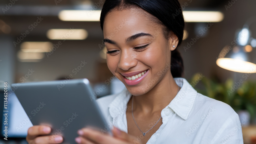 A young Black woman happily engaging with a tablet in a bright office setting, showcasing modern technology and a positive work environment. A young Black woman happily engaging with a tablet in a bright office setting, showcasing modern technology and a positive work environment.