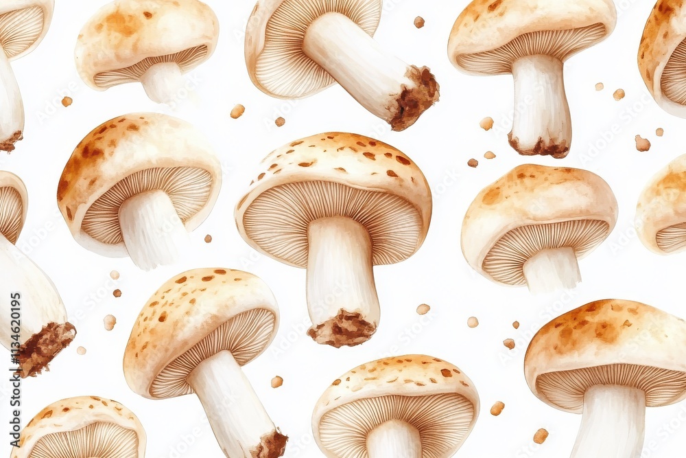 Watercolor seamless pattern of enoki mushrooms, isolated on a white background. Watercolor seamless pattern of enoki mushrooms, isolated on a white background.
