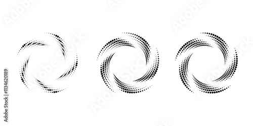 Set of dotted  vortex shapes. Circle form. Geometric art. Trendy design element for logo, tattoo, sign, symbol, web, prints, posters, social media, template, pattern, abstract backdrop