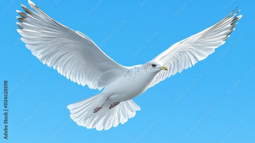 White seagull in flight against a clear blue sky. White seagull in flight against a clear blue sky.