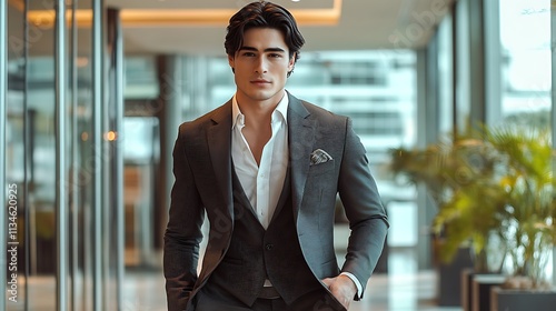 Handsome Man in Sharp Suit Poses in Modern Building photo