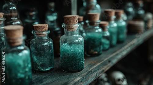 A series of glass bottles containing green mixtures are neatly arranged on a wooden shelf, exuding a sense of mystery and magical intrigue. photo