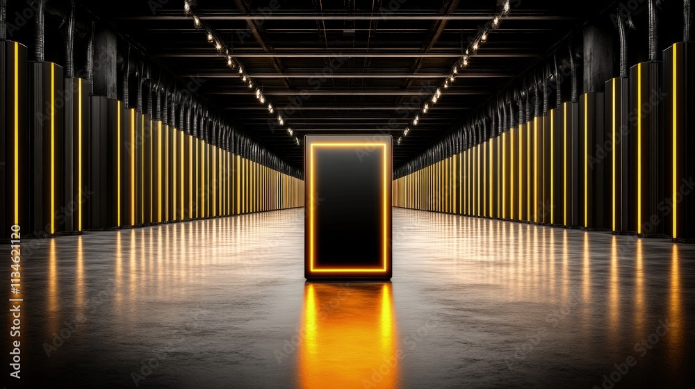 Fototapeta premium Glowing neon frame in dark, industrial hallway.