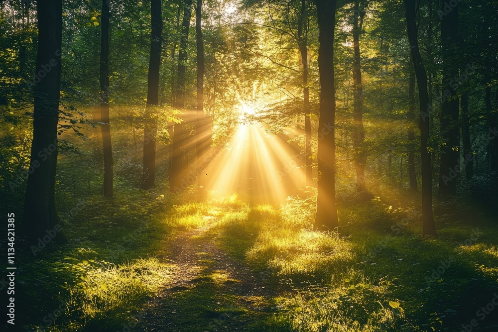Fototapeta premium Golden sunlight shining through misty forest at dawn