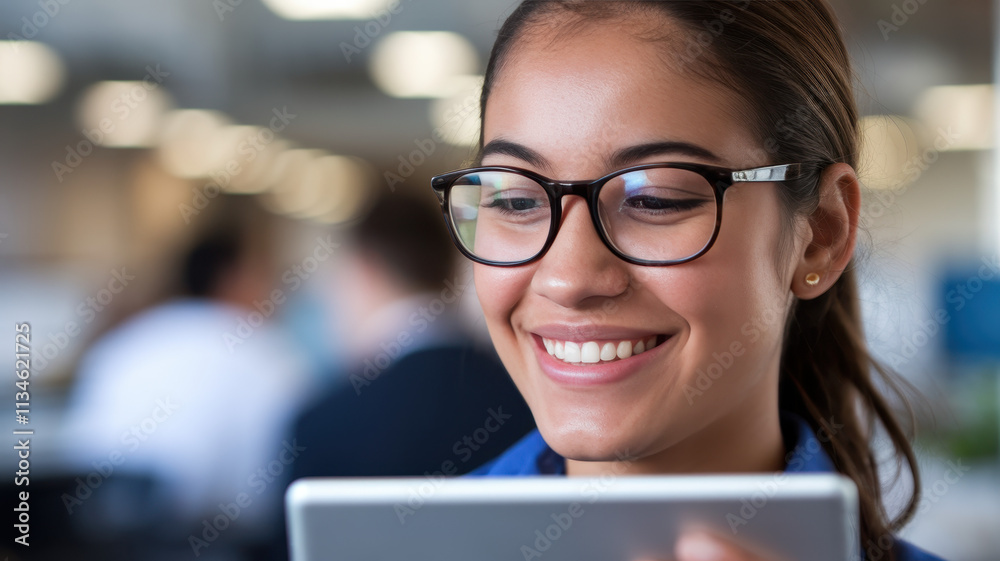 A young Hispanic woman in glasses smiles while using a tablet, immersed in her work at a modern office environment. A young Hispanic woman in glasses smiles while using a tablet, immersed in her work at a modern office environment.