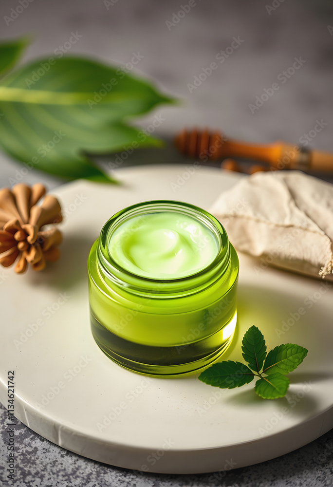 The composition of natural beauty product with leaf for organic skincare and cosmetic, glowing neon, with white tones The composition of natural beauty product with leaf for organic skincare and cosmetic, glowing neon, with white tones