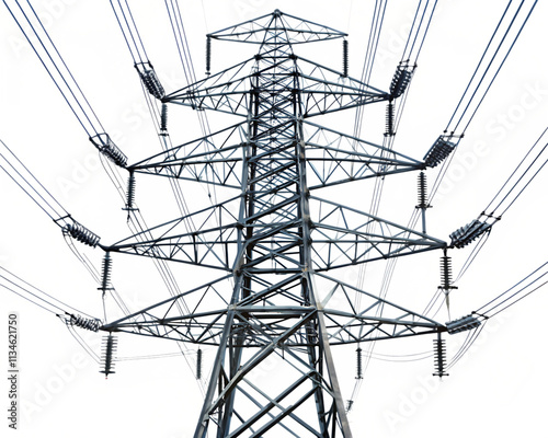 High voltage power tower line. isolated on white background as transparent. PNG. AI GENERATED.	