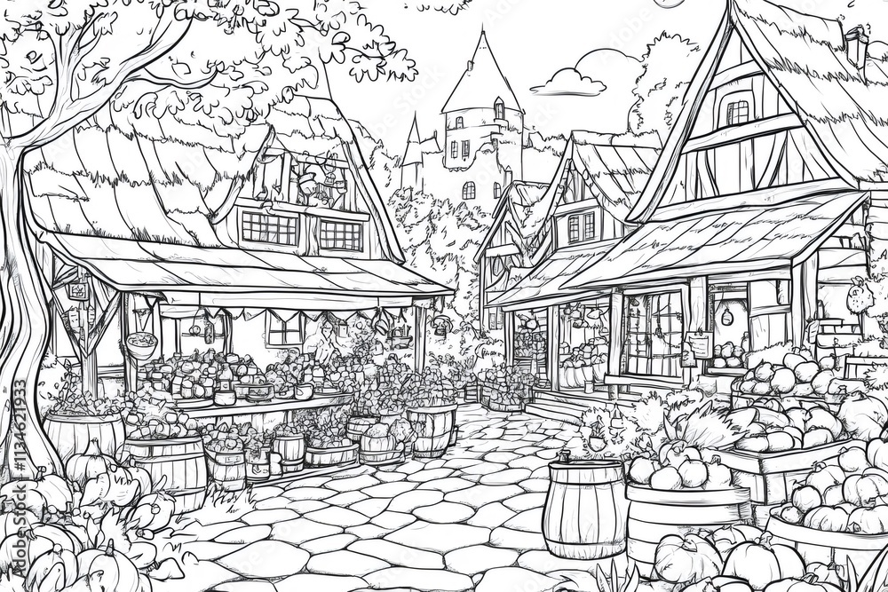 Obraz premium Black and white illustration depicting a medieval market with produce filled stalls, cobblestone streets, and a castle backdrop