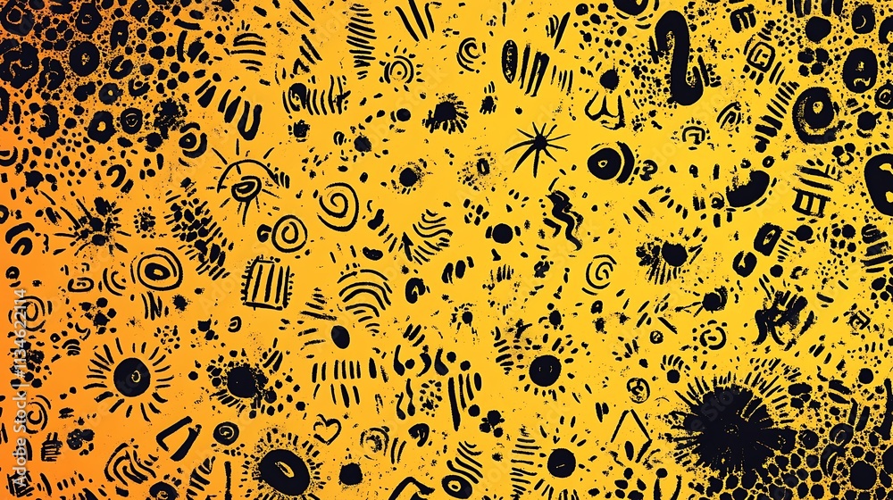 Quirky doodle patterns in black on a vivid yellow gradient background with scattered shadows Quirky doodle patterns in black on a vivid yellow gradient background with scattered shadows