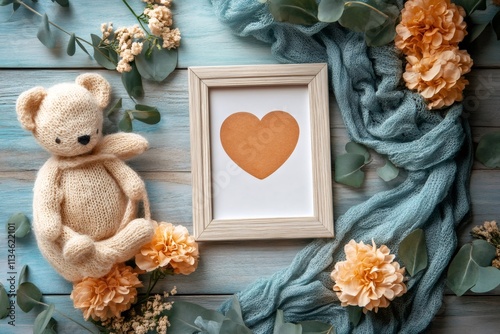 Romantic flat lay composition celebrating love and affection with knitted teddy bear, eucalyptus, flowers and heart photo