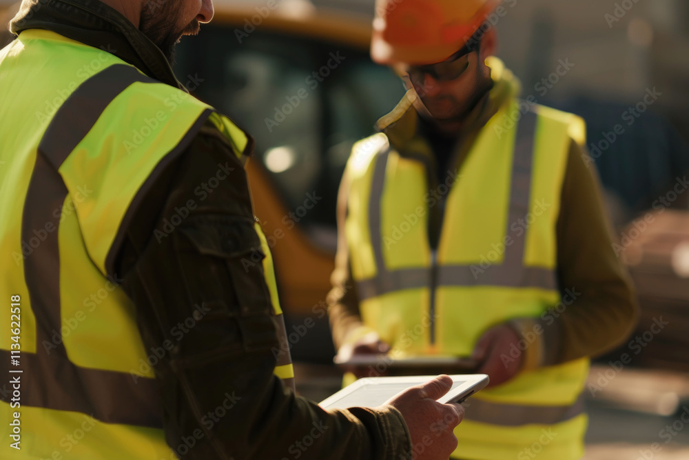Construction professionals reviewing plans on a site under a clear sky with equipment visible in the distance Construction professionals reviewing plans on a site under a clear sky with equipment visible in the distance