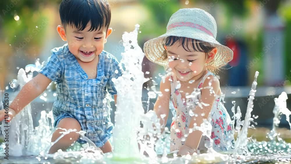 Two children playing in a fountain, water splashing, joyful laughter, sunny day, casual summer clothes, sense of freedom and fun, outdoor activity, innocence