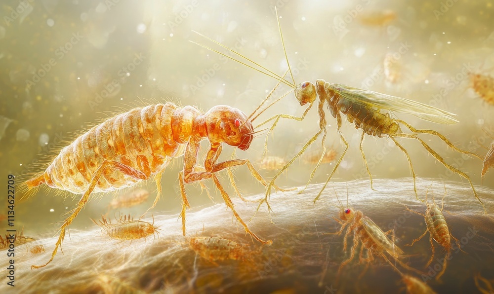 Microscopic insects interact on surface, surrounded by smaller organisms. Microscopic insects interact on surface, surrounded by smaller organisms.