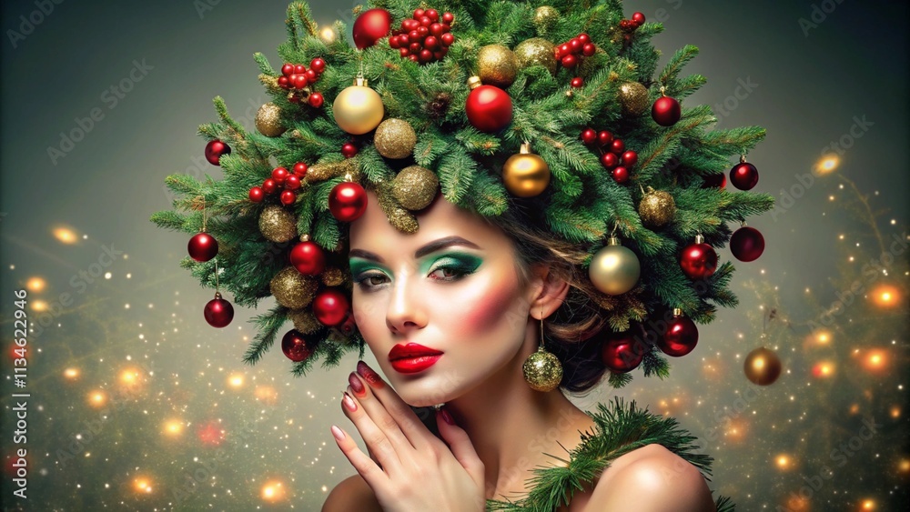 Magic Make Up - Model Woman With Christmas Tree Hair Style
