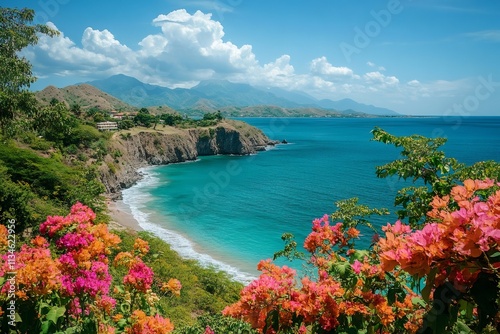 Bougainvillea flowers blooming on tropical beach in venezuela, tourism in choroni photo