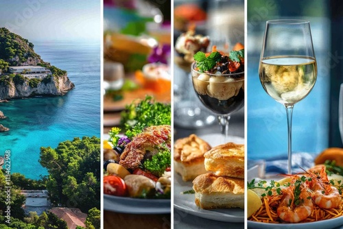 Mediterranean coast inspiring delicious culinary delights with seafood, wine, and dessert photo