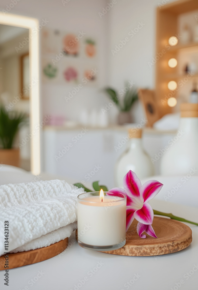 Spa supplies, burning candle and flower on table in beauty salon, space for text, craft clay, with white tones Spa supplies, burning candle and flower on table in beauty salon, space for text, craft clay, with white tones