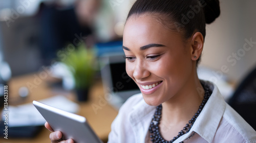 A young, professional African American woman smiles as she interacts with a tablet in a modern office setting.