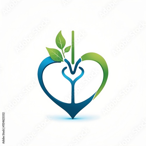 Green Heart Logo:  A minimalist and modern logo design featuring a blue heart shape intertwined with a green leaf, symbolizing growth, health, and nature. photo