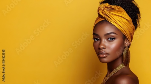 A striking portrait of a woman wearing a vibrant yellow headwrap, complemented by large hoop earrings and a glowing complexion, set against a matching yellow background. photo