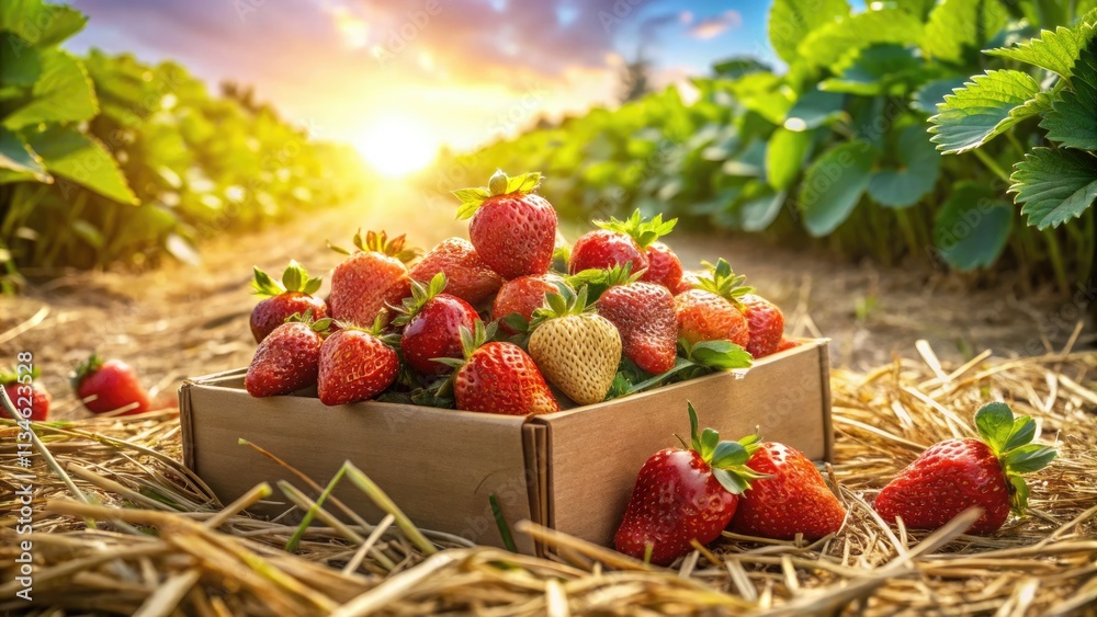 Juicy strawberries burst from carton, a lush field backdrop in high-resolution detail. Juicy strawberries burst from carton, a lush field backdrop in high-resolution detail.