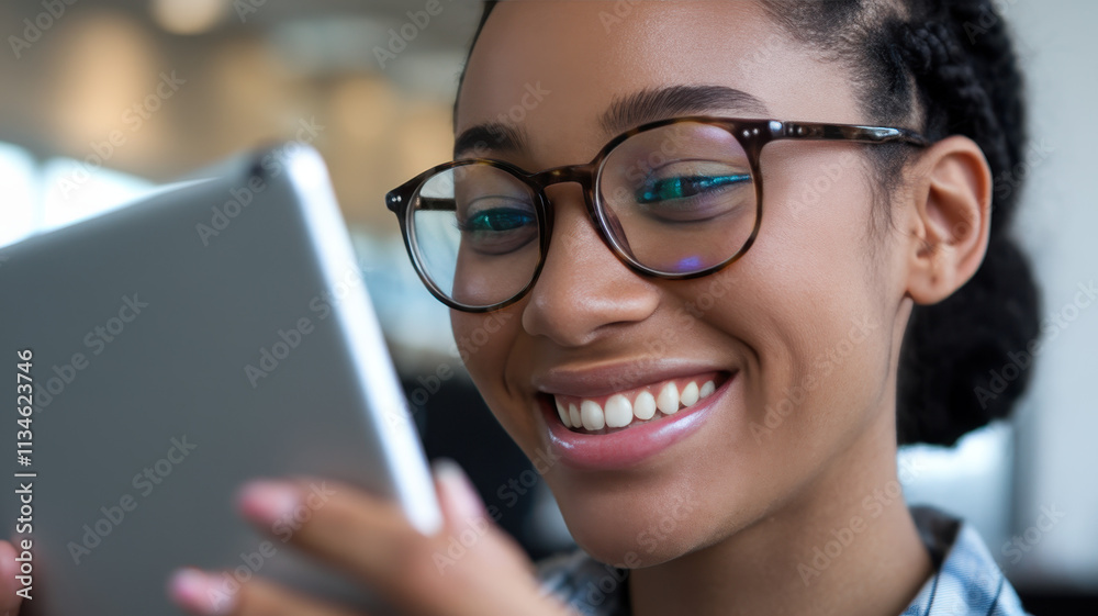 A young Black woman with glasses smiles while exploring content on her tablet, surrounded by a blurred modern interior.