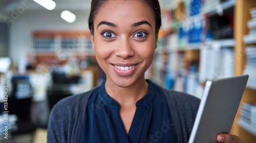 Smiling young Black woman holding a tablet, surrounded by shelves filled with books, radiating positivity and enthusiasm in a modern workspace.