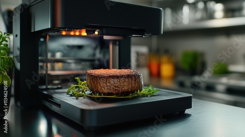 A 3D food printer produces a mouthwatering plant-based steak on a countertop, surrounded by fresh basil in a contemporary kitchen. Generative AI photo