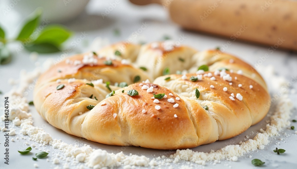 Freshly baked flatbread topped with herbs and sea salt on flour-dusted surface Freshly baked flatbread topped with herbs and sea salt on flour-dusted surface