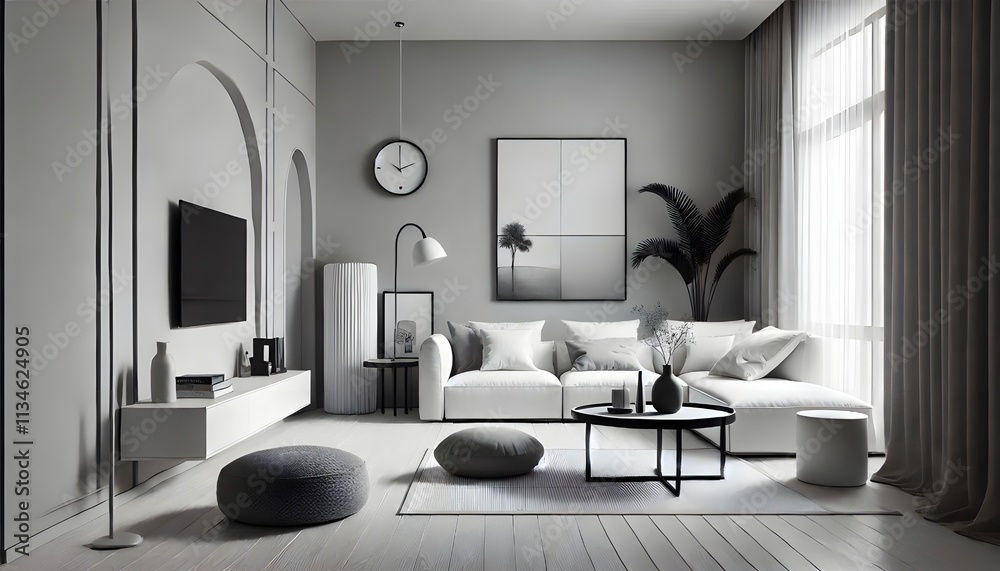 Fototapeta premium Minimalist interior design showcases a gray and white living room with clean lines and modern furniture.