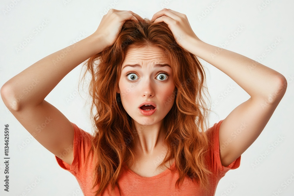Fototapeta premium Shocked redhead woman pulling hair in frustration and disbelief