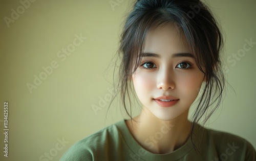 Asian woman smiling and wearing a t-shirt in studio color background