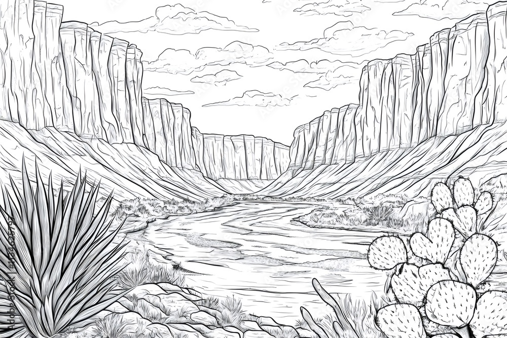 Fototapeta premium Black and white line art illustration of a winding river flowing through a canyon with desert plants, suitable for coloring