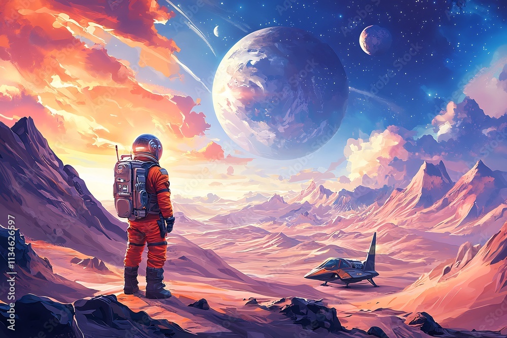 Fototapeta premium Astronaut Exploring Alien Landscape with Giant Planet in the Sky