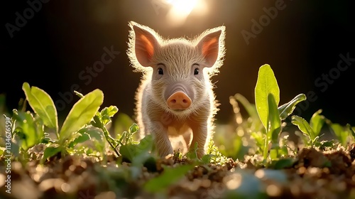 Adorable Piglet Exploring a Sunlit Meadow Surrounded by Fresh Green Plants and Natural Beauty in a Serene Outdoor Environment