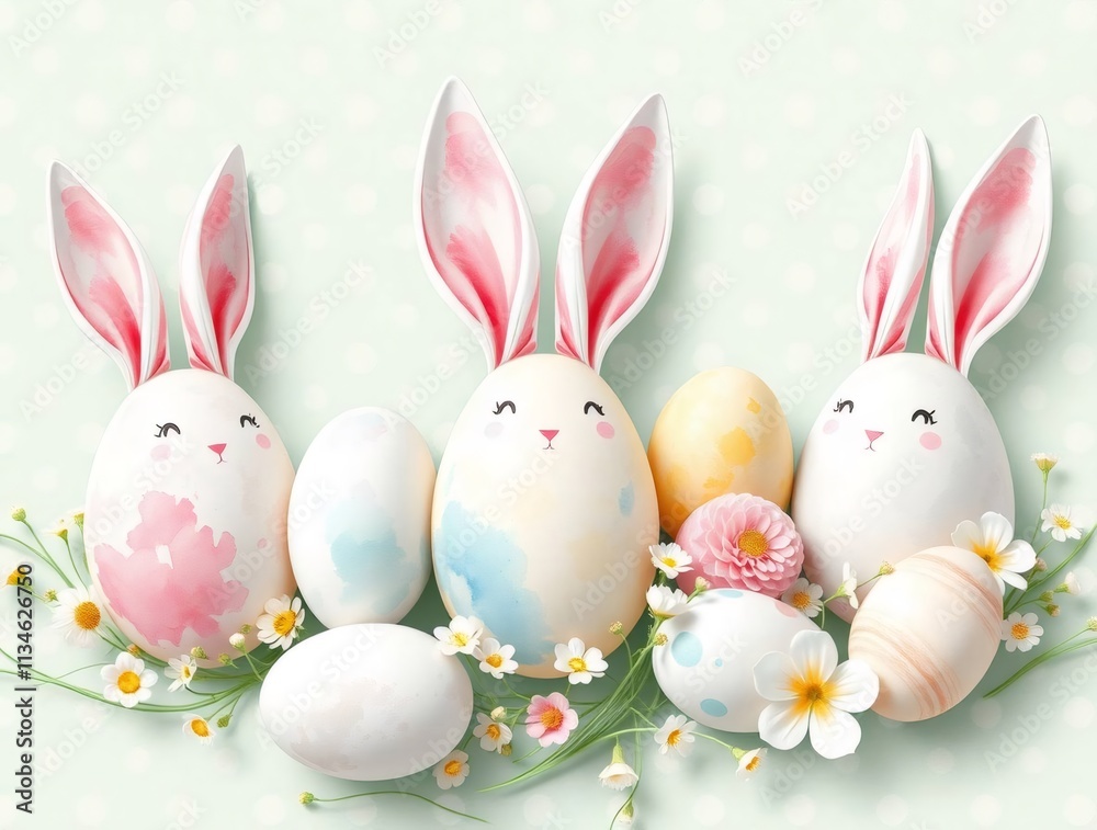 Obraz premium Easter Bunny Egg Hunt: A charming pastel-colored Easter scene featuring three adorable bunny-shaped eggs, surrounded by colorful eggs and delicate white flowers.
