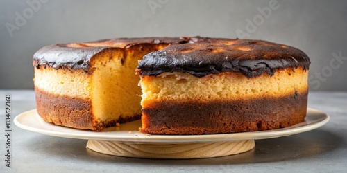 Bad cake with a burnt crust and uneven frosting , unappetizing, baking fail photo