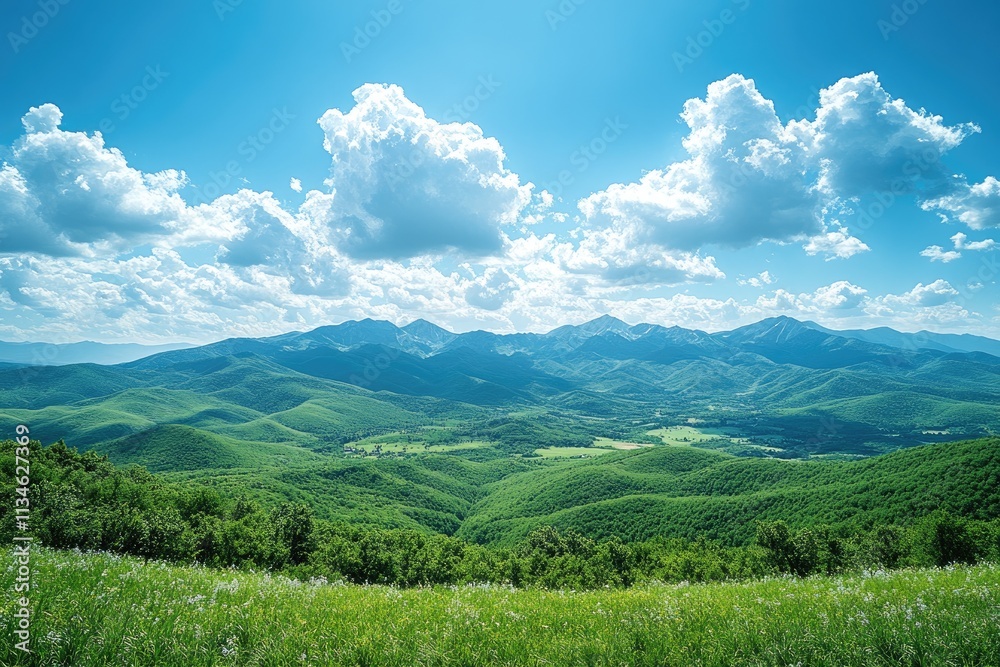 Green mountain landscape with lush vegetation under a cloudy blue sky Green mountain landscape with lush vegetation under a cloudy blue sky
