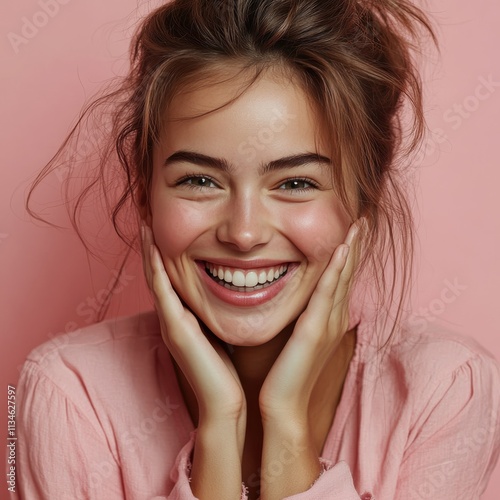 Beauty girl smiling and wearing a t-shirt in studio color background