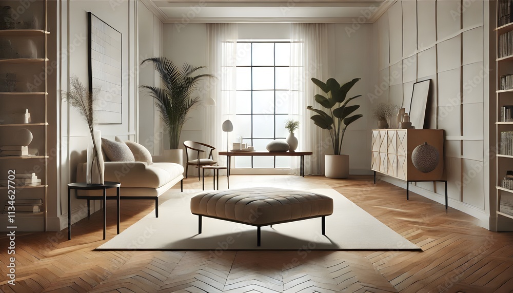 Fototapeta premium A modern living room emphasizes a minimalist design with neutral, natural tones.