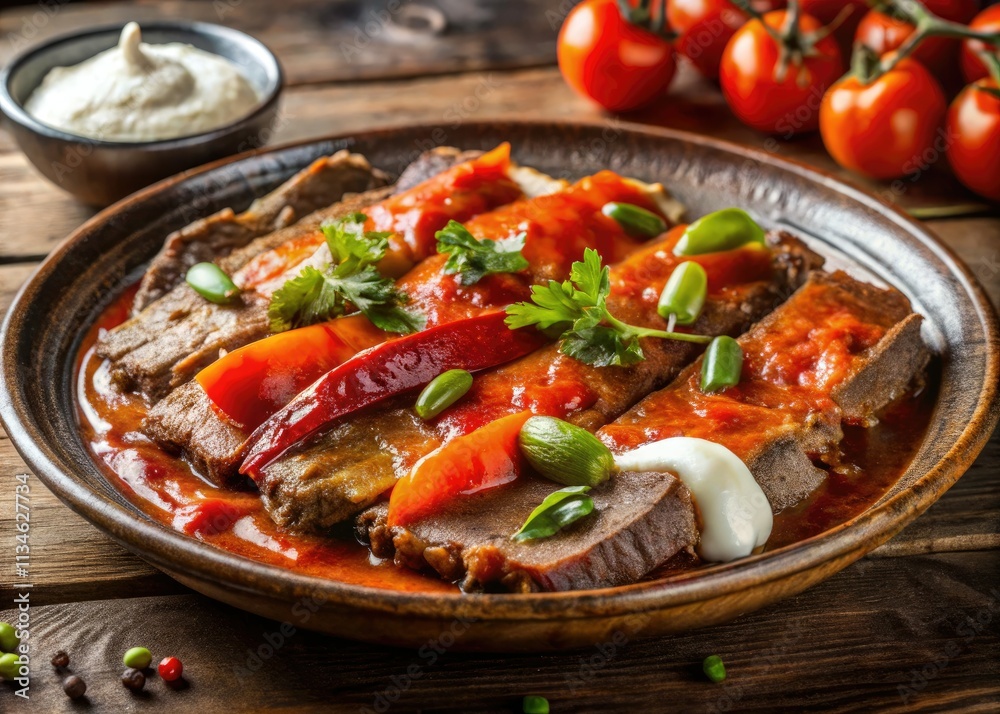 Layered iskender kebab: a culinary masterpiece captured through architectural food photography, showcasing Turkish cuisine's artistry.