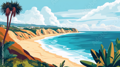 Illustration, typical landscape of the algarve region in Portugal, touristic advertisement poster. Promotional poster for tourist destination, wonderful Algarve region.