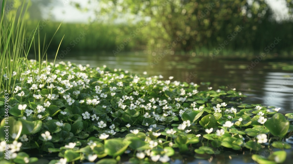 A peaceful wetland habitat with blooming wild watercress A peaceful wetland habitat with blooming wild watercress