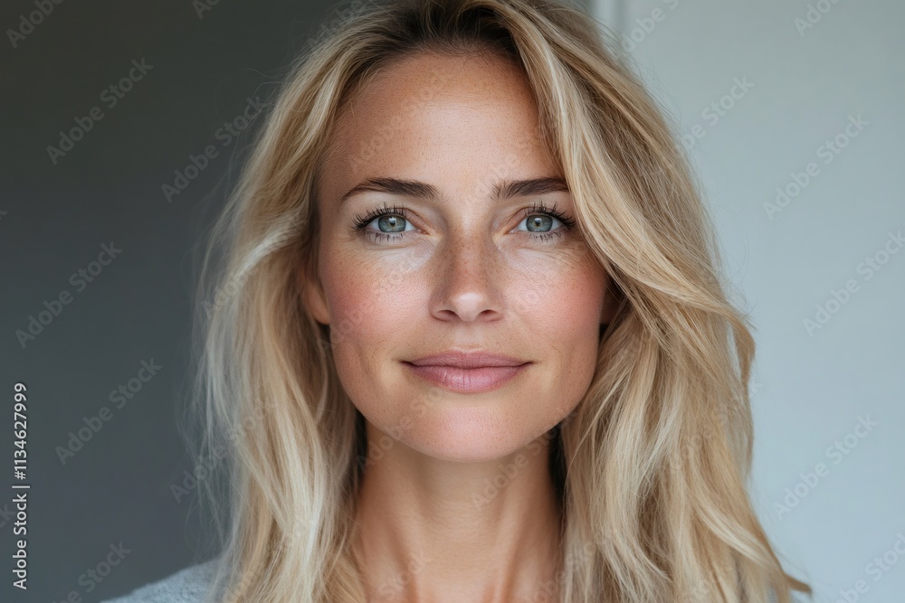 Portrait of smiling middle aged blond woman with freckles showing natural beauty Portrait of smiling middle aged blond woman with freckles showing natural beauty
